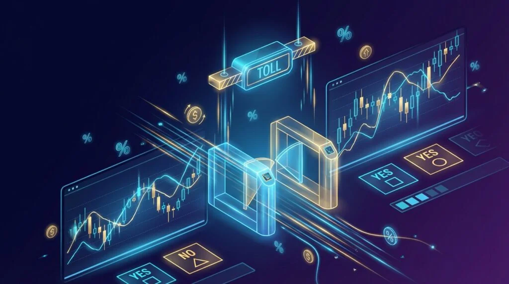 Digital illustration of a toll gate integrated into prediction market trading charts with YES/NO outcome tiles and percentage symbols