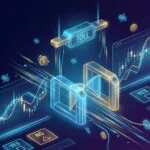 Digital illustration of a toll gate integrated into prediction market trading charts with YES/NO outcome tiles and percentage symbols