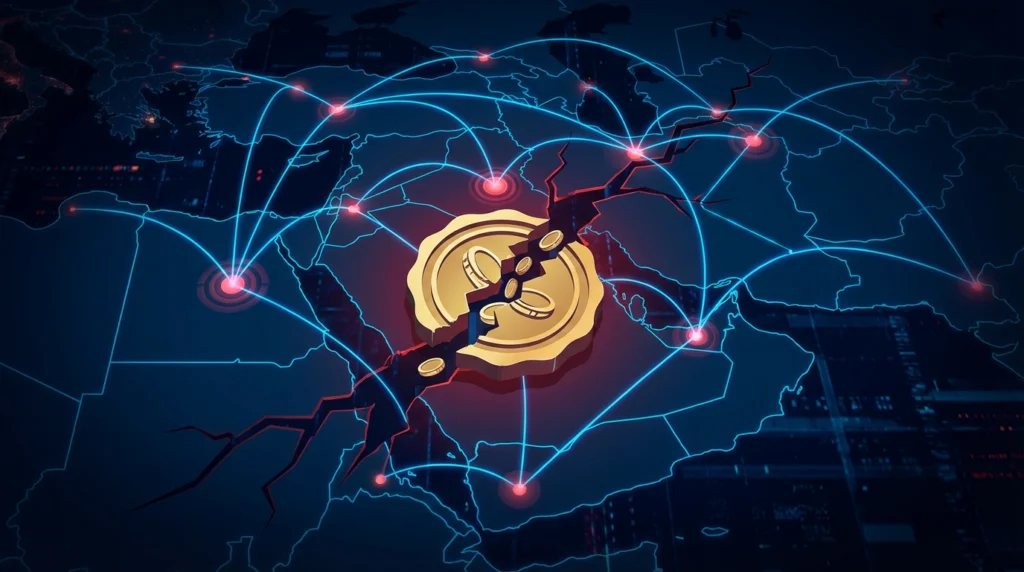 Blockchain wallet network visualization overlaid on Iran-Israel geopolitical map showing suspected insider trading flows on prediction market contracts