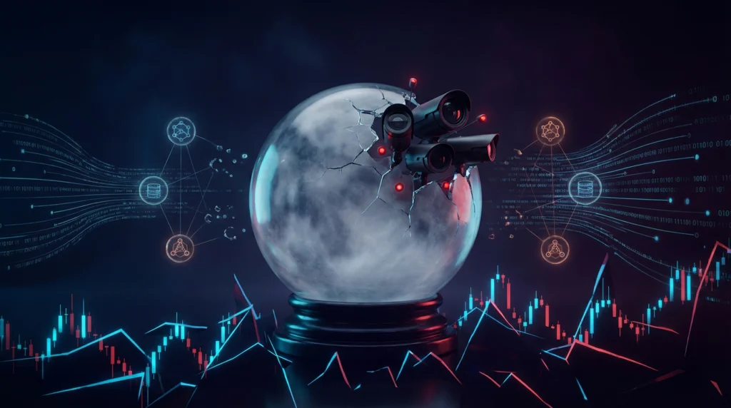 Crystal ball with surveillance cameras representing Polymarket Palantir partnership transforming prediction markets from crypto self-policing to institutional surveillance