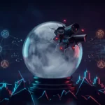 Crystal ball with surveillance cameras representing Polymarket Palantir partnership transforming prediction markets from crypto self-policing to institutional surveillance