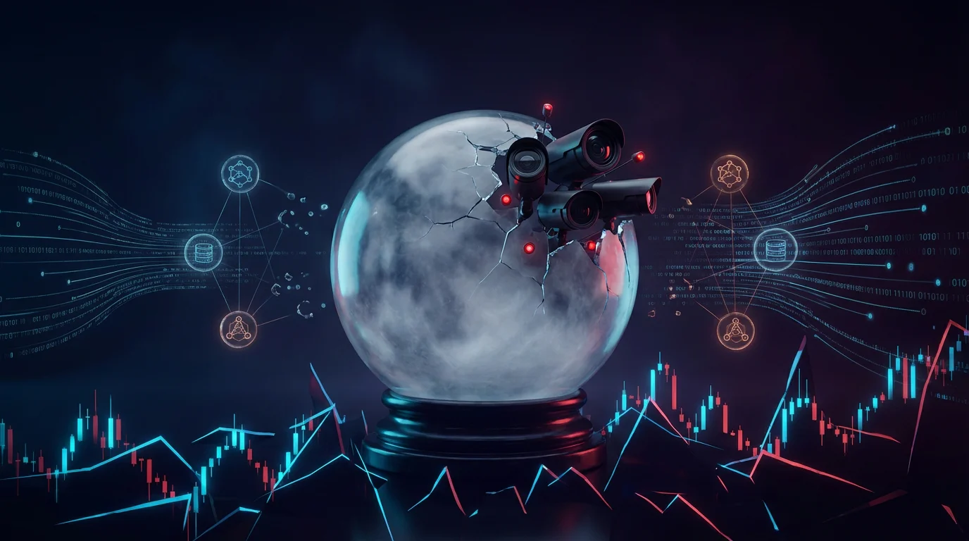 Crystal ball with surveillance cameras representing Polymarket Palantir partnership transforming prediction markets from crypto self-policing to institutional surveillance