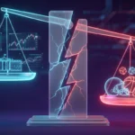 A balance scale with financial charts and Fed building on one side glowing blue, and sports equipment, dice, and betting slips on the other glowing red, divided by a fracture, representing prediction markets identity crisis
