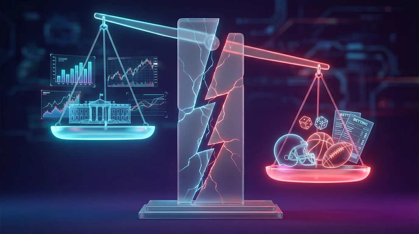 A balance scale with financial charts and Fed building on one side glowing blue, and sports equipment, dice, and betting slips on the other glowing red, divided by a fracture, representing prediction markets identity crisis