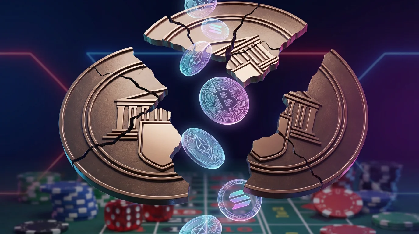Cryptocurrency tokens falling through cracks in a fractured regulatory shield representing SEC, CFTC, and State Gaming authorities with casino elements visible through the gaps