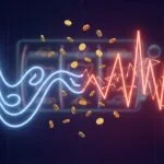 Abstract visualization of low and high slot volatility showing smooth blue wave versus jagged red wave with floating coins