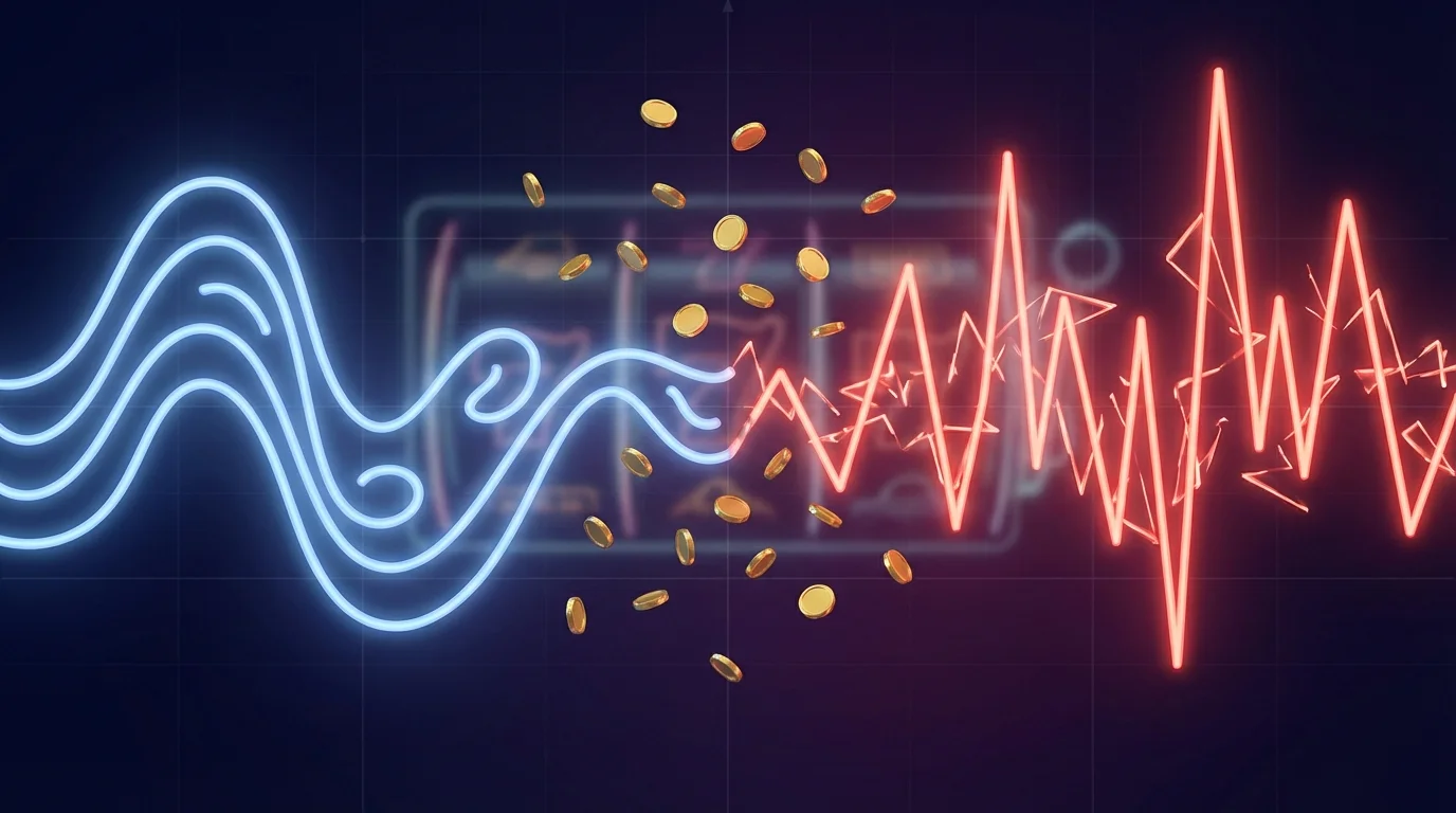 Abstract visualization of low and high slot volatility showing smooth blue wave versus jagged red wave with floating coins
