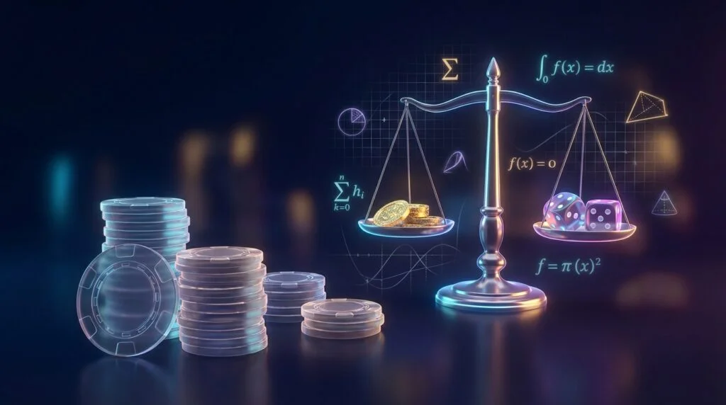 Abstract visual representing wagering requirements with casino chips, mathematical elements, and balance scale on dark gradient background