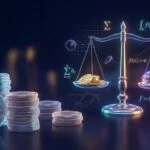 Abstract visual representing wagering requirements with casino chips, mathematical elements, and balance scale on dark gradient background
