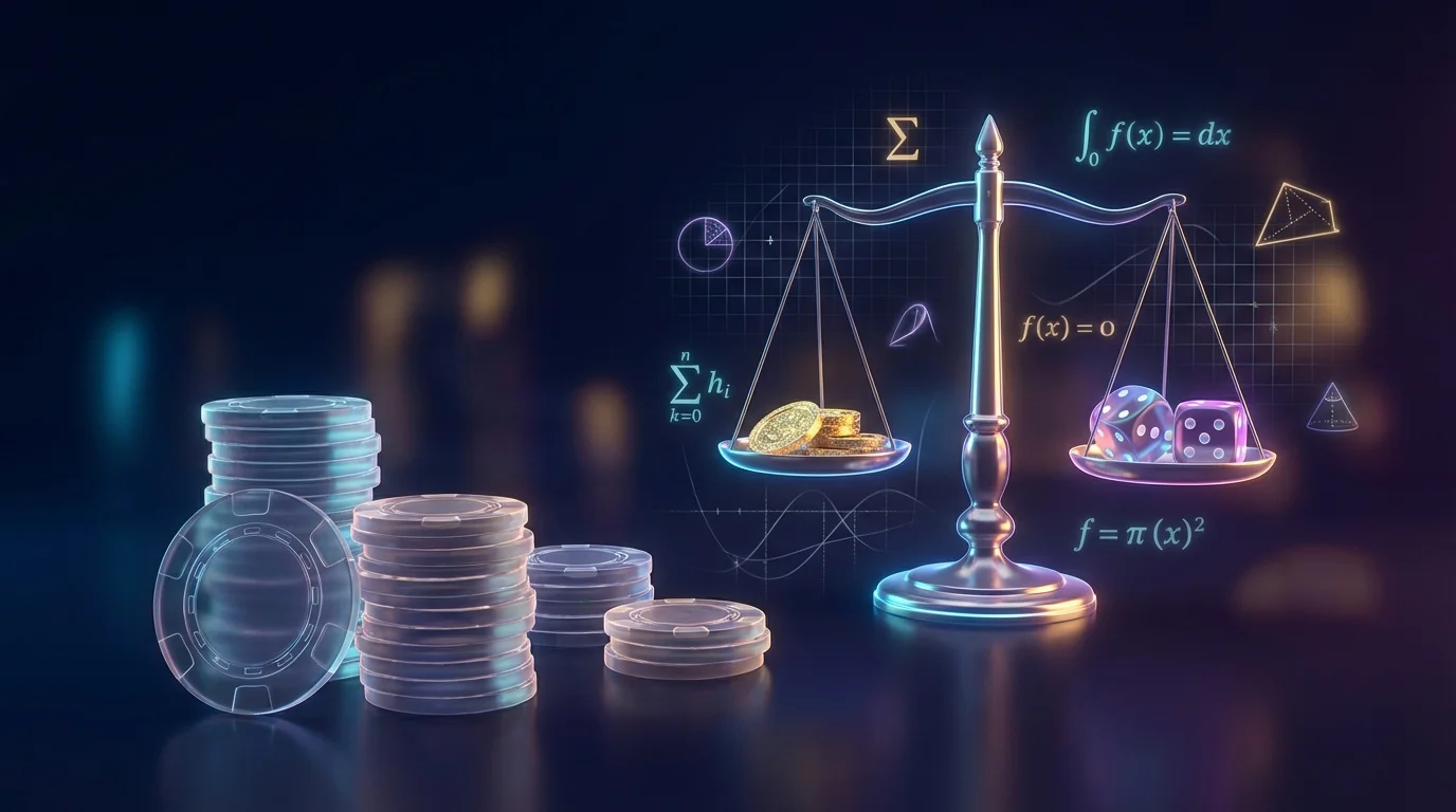 Abstract visual representing wagering requirements with casino chips, mathematical elements, and balance scale on dark gradient background