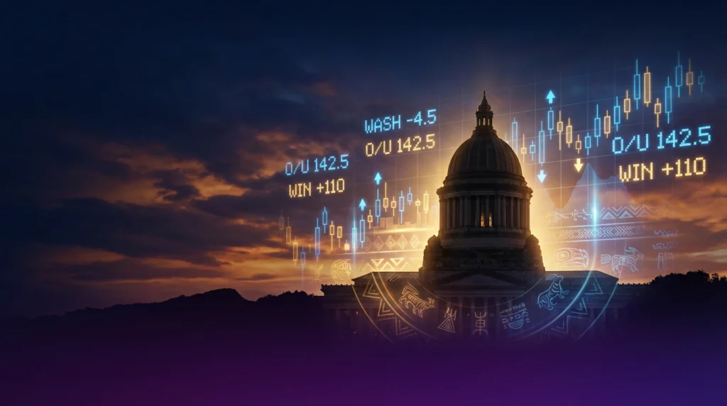 Washington State Capitol building with prediction market trading data overlays representing SB 6137 college sports betting legalization driven by Kalshi competition