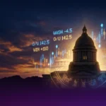 Washington State Capitol building with prediction market trading data overlays representing SB 6137 college sports betting legalization driven by Kalshi competition