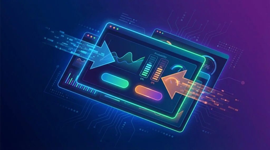 Digital prediction market dashboard with overlapping screens showing probability gauges and trading interfaces