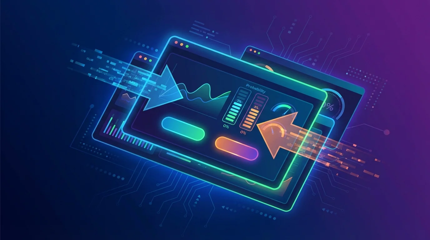 Digital prediction market dashboard with overlapping screens showing probability gauges and trading interfaces