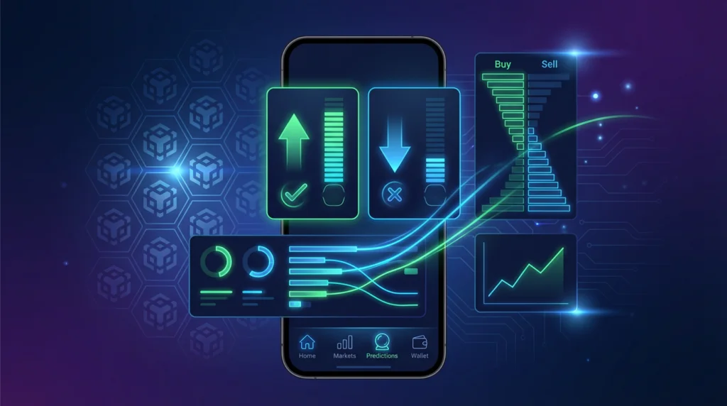 Binance app showing prediction markets interface with probability-based trading
