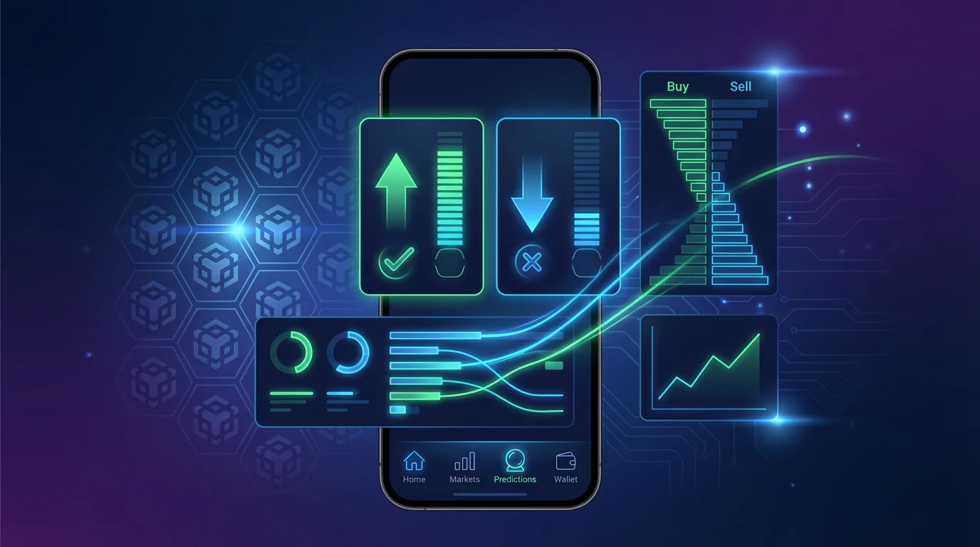 Binance app showing prediction markets interface with probability-based trading