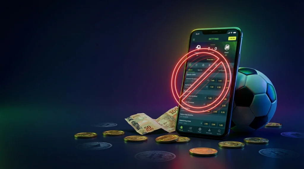 Smartphone displaying betting app with red prohibition sign, Brazilian currency coins, and football representing proposed online gambling ban