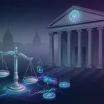 Federal courthouse with scales of justice and prediction market trading elements representing CFTC lawsuit against states