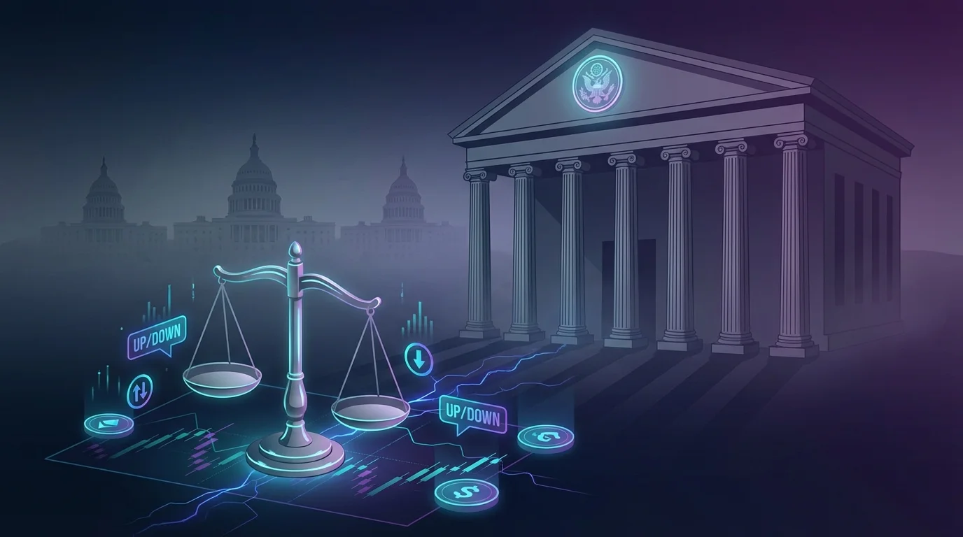 Federal courthouse with scales of justice and prediction market trading elements representing CFTC lawsuit against states