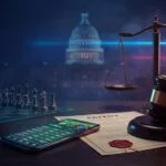 Gavel striking patent documents with sports betting app and scales of justice representing DraftKings FanDuel patent infringement lawsuit