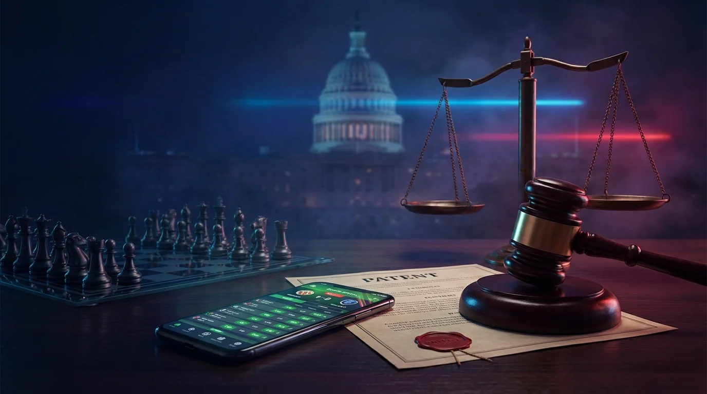 Gavel striking patent documents with sports betting app and scales of justice representing DraftKings FanDuel patent infringement lawsuit