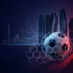 FIFA soccer ball merged with blockchain network patterns and Abu Dhabi skyline