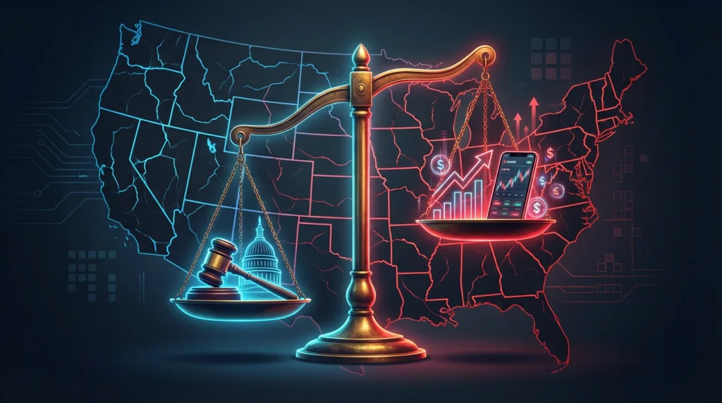 Scales of justice balancing state gambling regulation against federal prediction market oversight with US map background