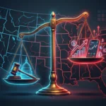 Scales of justice balancing state gambling regulation against federal prediction market oversight with US map background