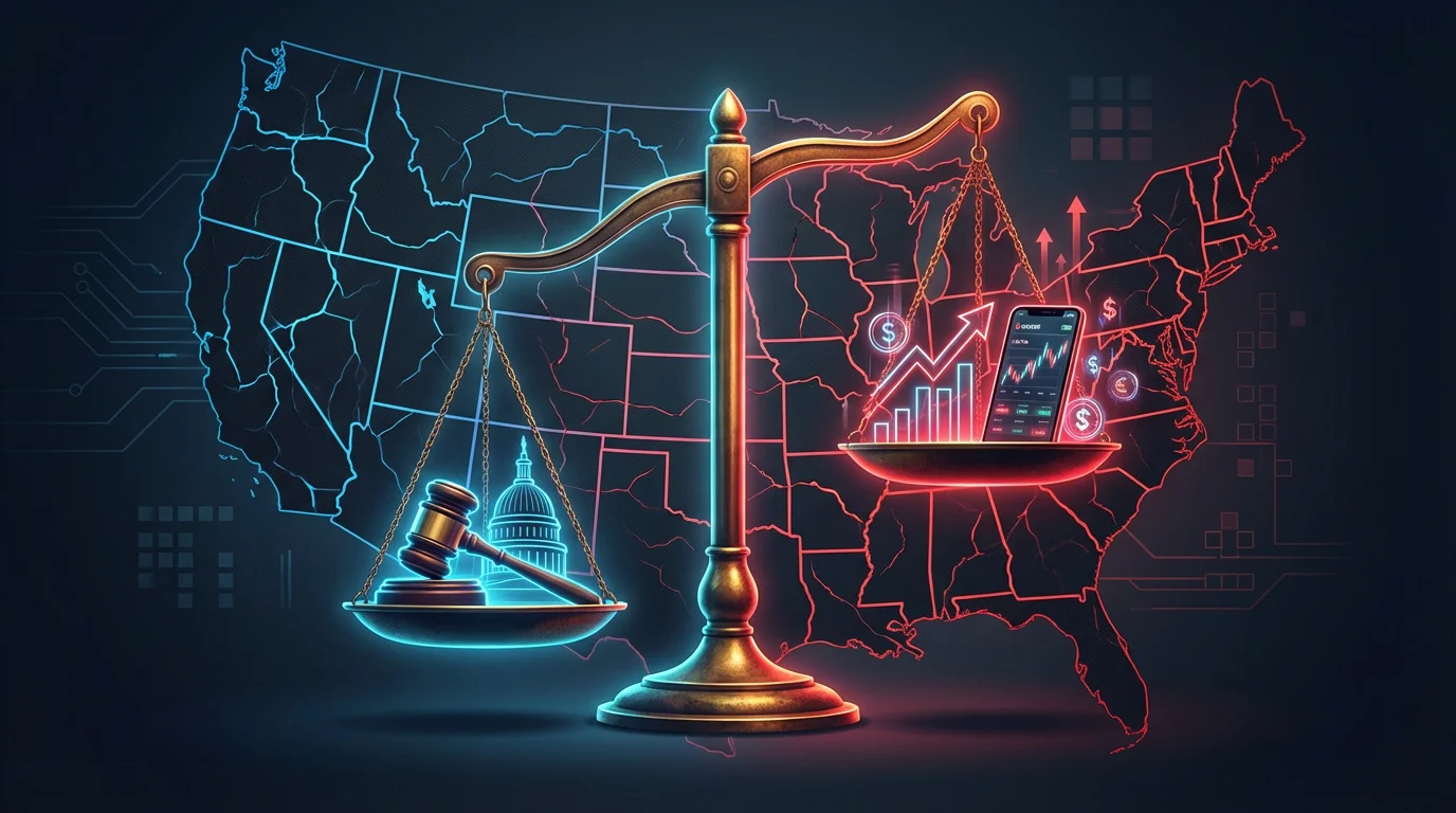 Scales of justice balancing state gambling regulation against federal prediction market oversight with US map background