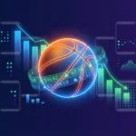 Basketball with digital price tickers and tournament bracket representing Kalshi vs sportsbook pricing during March Madness