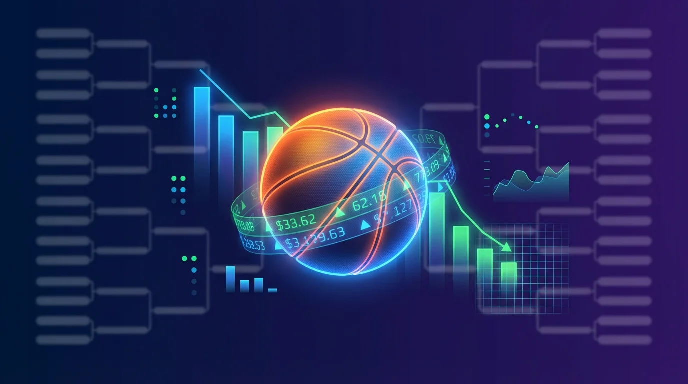 Basketball with digital price tickers and tournament bracket representing Kalshi vs sportsbook pricing during March Madness