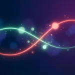 Two crossing glowing curves in teal and coral on a dark gradient background symbolizing Kalshi overtaking Polymarket in trading volume