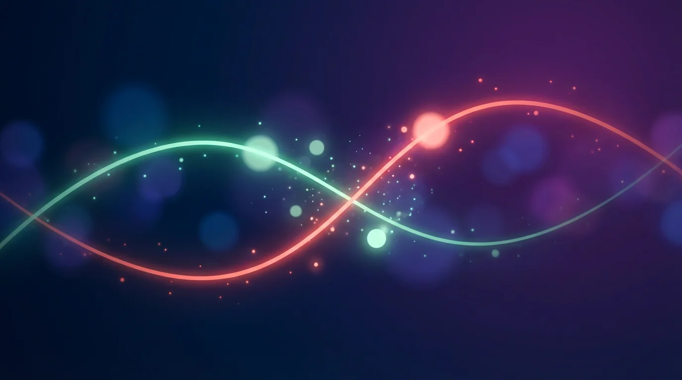 Two crossing glowing curves in teal and coral on a dark gradient background symbolizing Kalshi overtaking Polymarket in trading volume