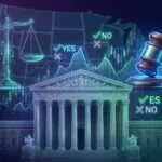 Federal courthouse with scales of justice and prediction market binary contract symbols representing the Third Circuit Kalshi ruling