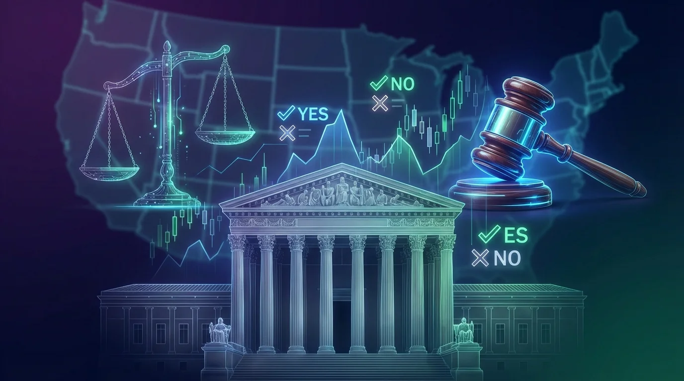 Federal courthouse with scales of justice and prediction market binary contract symbols representing the Third Circuit Kalshi ruling
