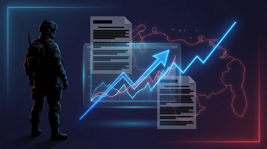 Stylized illustration of a soldier silhouette beside a rising prediction-market chart with redacted-document overlays