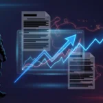 Stylized illustration of a soldier silhouette beside a rising prediction-market chart with redacted-document overlays