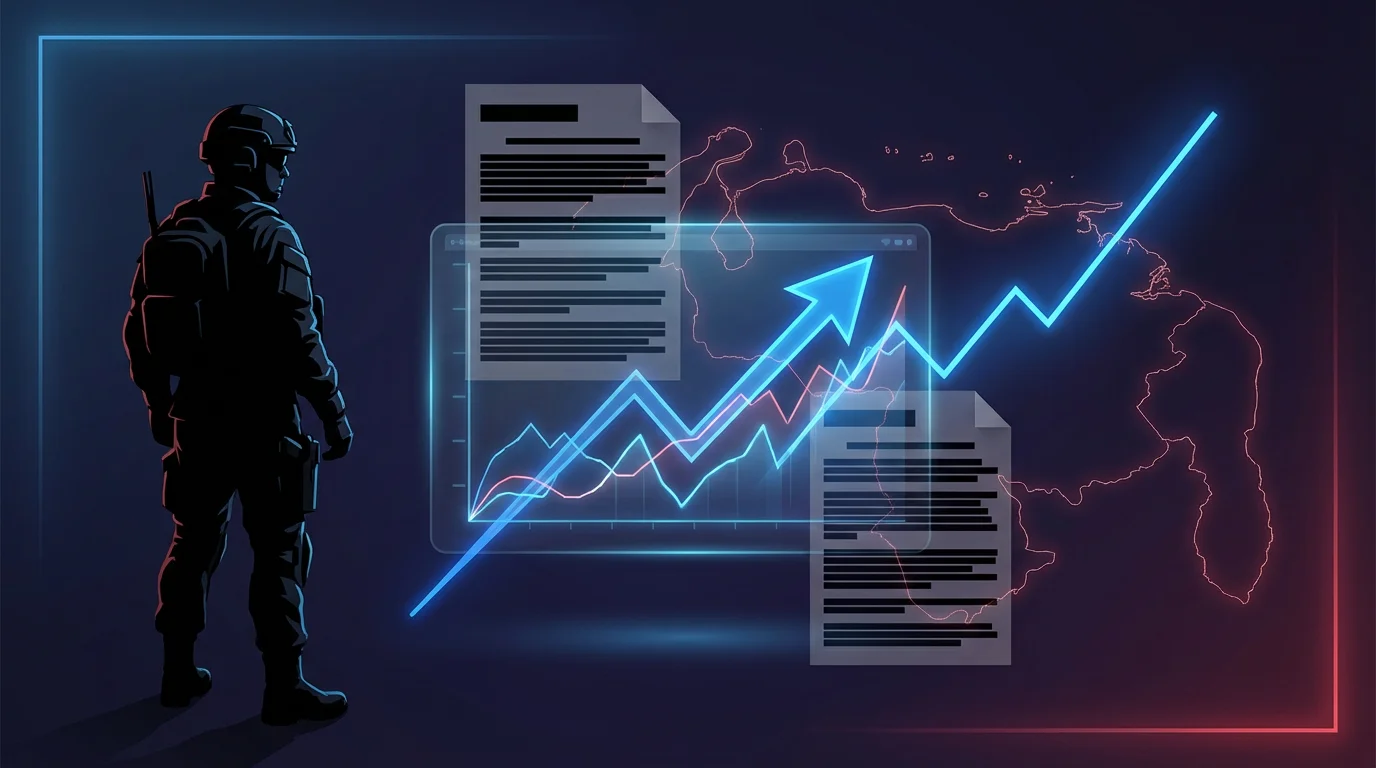 Stylized illustration of a soldier silhouette beside a rising prediction-market chart with redacted-document overlays