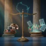 Scales of justice with Wisconsin outline and prediction-market trading symbols representing AG Kaul lawsuit