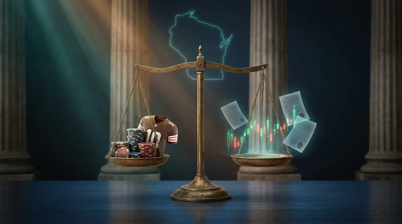 Scales of justice with Wisconsin outline and prediction-market trading symbols representing AG Kaul lawsuit