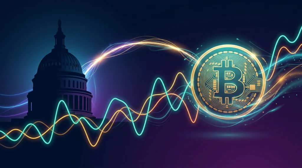 US Capitol Hill silhouette and a glowing crypto coin with market chart lines weaving between them, symbolizing the White House and bank lobby fight over the CLARITY Act's stablecoin yield rules