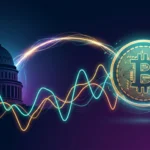 US Capitol Hill silhouette and a glowing crypto coin with market chart lines weaving between them, symbolizing the White House and bank lobby fight over the CLARITY Act's stablecoin yield rules