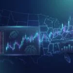 Digital trading exchange interface over a US map split into federal and state grids, with sports icons and a regulatory gavel, illustrating DraftKings DKeX