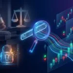 Magnifying glass over a search bar with rising prediction-market charts, a gavel, scales of justice and a broken padlock, illustrating insider trading