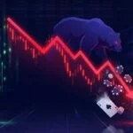Bear market over a plummeting red stock chart with falling casino chips, dice and cards, symbolizing hedge funds shorting gambling stocks