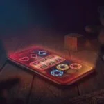 A glowing smartphone showing slot machine and gambling icons surrounded by abandoned children's toys including a teddy bear and wooden blocks