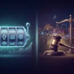 Split composition showing a glowing prediction-driven slot machine on one side and a gavel with the Las Vegas Strip skyline on the other, illustrating Nevada's contradictory stance on prediction markets