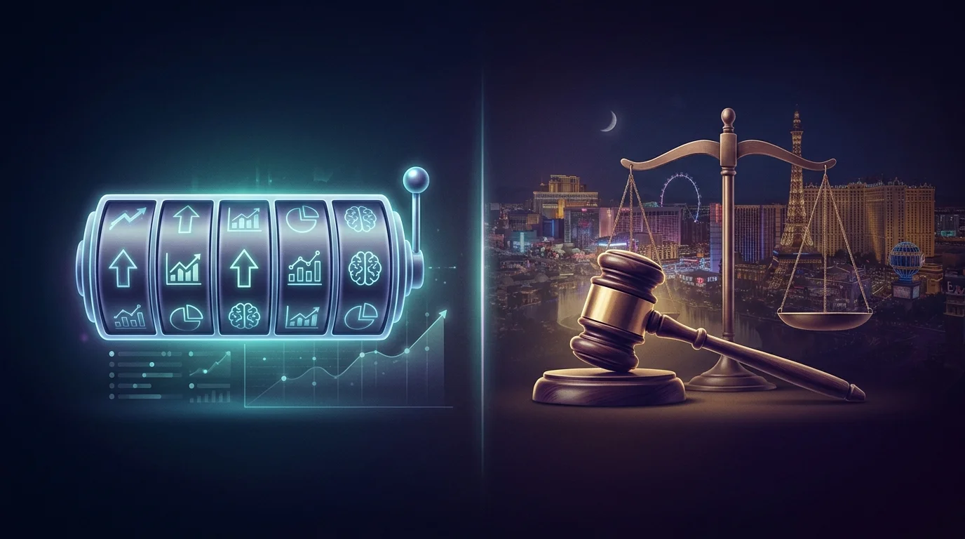 Split composition showing a glowing prediction-driven slot machine on one side and a gavel with the Las Vegas Strip skyline on the other, illustrating Nevada's contradictory stance on prediction markets