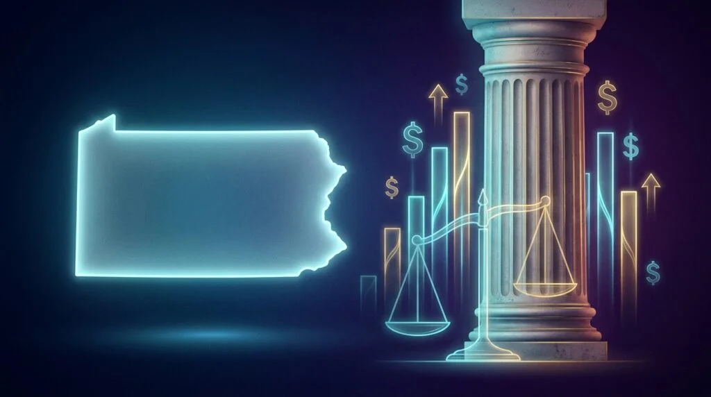 Pennsylvania state outline next to federal courthouse pillar, illustrating state vs federal jurisdiction over prediction markets