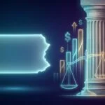 Pennsylvania state outline next to federal courthouse pillar, illustrating state vs federal jurisdiction over prediction markets